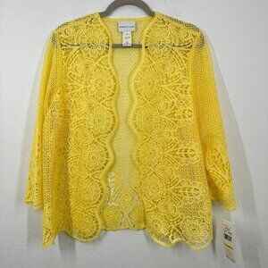 Alfred‎ Dunner Bright Yellow Lace Open Cardigan Overlay Formal Topper Summer NWT